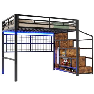 Lit Mezzanine 140x200 Cm, Armoire Et Échelle Avec Grille Et LED 7 Couleurs, Métal, Noir+brun