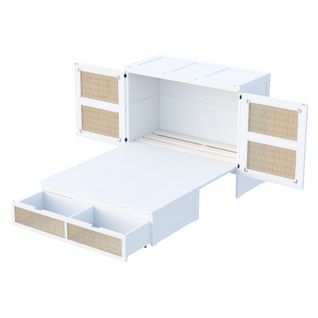 Lit Double 140x200 Cm, Gain De Place Avec 2 Tiroirs Et Ouverture 270 Degrés, Bois, Mdf, Blanc+bois