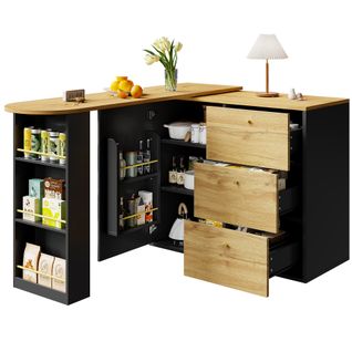 Table De Bar Extensible 138-204x39x104cm, Rotation 360 Degrés, 3 Tiroirs, 1 Porte, Mdf, Noir+bois