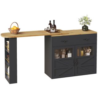 Table De Bar Extensible 138-204x39x104 Cm, Rotation 360 Degrés, 2 Tiroirs, 3 Niches, Mdf, Noir+bois