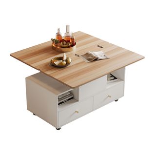 Table Basse Relevable 100x50x47,5 Cm, Plateau Extensible, 4 Tiroirs, Mdf, Blanc+bois