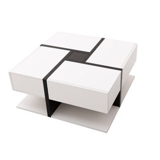 Table Basse Carrée 78x78x36 Cm, 4 Tiroirs, Brillant En Panneaux De Particules, Blanc Et Noir