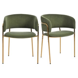 Lot De 2 Chaise 55x55x80 Cm, Pieds Inclinés Métal, Bois, Revêtement En Velours Côtelé, Vert+doré