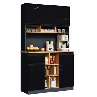 Buffet Haut De Cuisine 105x45x185 Cm, Rangement Modulable, 9 Niche, 5 Portes, Tiroir, Mdf, Noir+bois