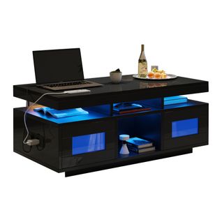 Table Basse 100x50x43 Cm, LED Pilotées Par Appli, Prise Et USB, 2 Porte, Panneau De Particules, Noir