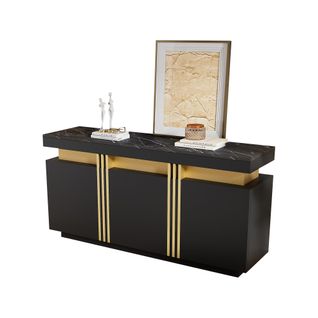 Buffet 140x38x70 Cm Avec Motif De Marbre, 3 Portes, Rangement, Panneaux De Particules, Noir