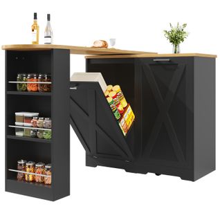 Table De Bar Rotatif 138/203x38x105.5 Cm, Extensible 360 Degrés Avec Rangements, Mdf, Noir+bois