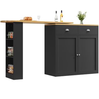 Table De Bar Rotatif 360, 138-203x39x105 Cm, Extensible, 2 Tiroirs, Étagères, Mdf, Noir+bois
