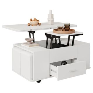 Table Basse Extensible 100x50x45 Cm, 4 Tabourets De Rangement, Tiroir, Rangement Caché, Pb, Blanc