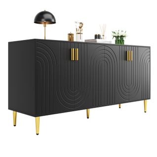 Buffet 152x40x75 Cm, Design Ondulé, Poignées Et Pieds Dorés, Grand Rangement, Mdf, Noir+doré