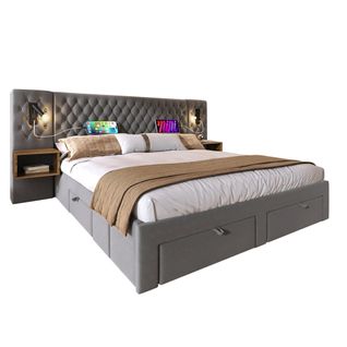 Lit Double Moderne 160x200 Cm, Chevets, Lampes De Lecture, Port USB, 4 Tiroirs, Velours Gris