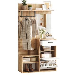 Meuble D'entrée 100x38,5x190 Cm, Banquette Avec Miroir Et Tiroir, Panneau Particules, Blanc Et Bois