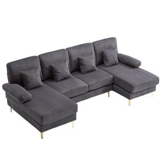 Canapé En U 265x135x88 Cm, Éclairage LED, Port USB, Structure En Bois, Mousse, Velours Gris