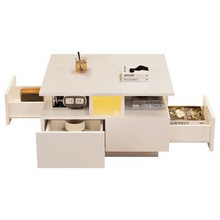 Table Basse Carrée 70x70x40cm, LED, 4 Tiroir, Panneau De Particules, Finition Haute Brillance, Blanc