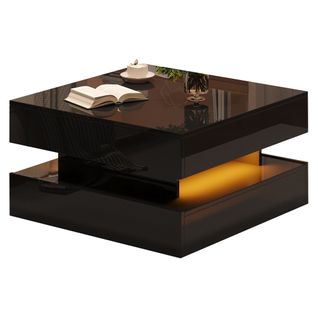 Table Basse Relevable 65x65x38,5 Cm, 2 Tiroirs, Rangements Ouverts Et Caché, Pb, Noir