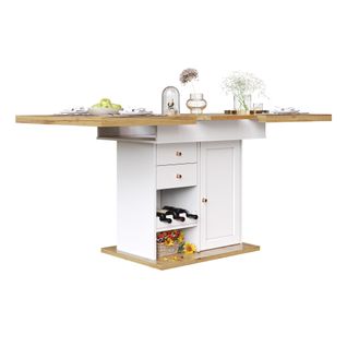 Table Extensible 110/140x80x75 Cm, Extension Bilatérale 3 Positions, Mdf, Métal, Pb, Blanc+bois