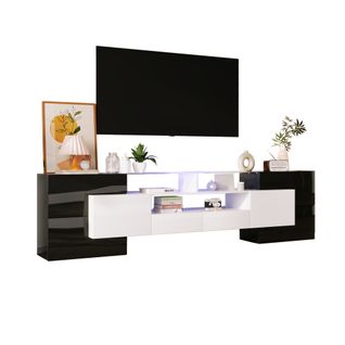 Meuble TV 200x35x60 Cm Avec Rangement, LED Multicolore, Panneau De Particules Et Mdf, Noir, Blanc