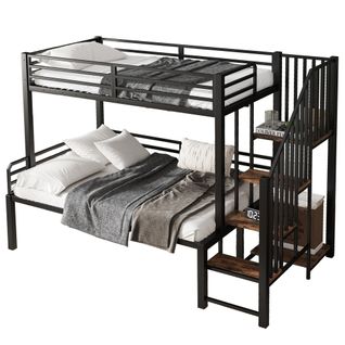 Lit Superposé 90/120x200 Cm Avec Motif Bois, Escalier Avec Rangement, Métal Et Mdf, Noir, Marron