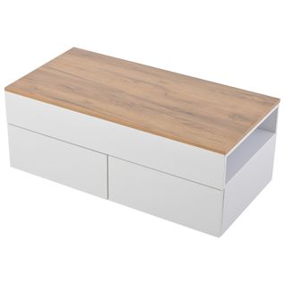 Table Basse Relevable 100x50x40 Cm, 2 Tiroirs Et Rangements, Panneaux De Particules, Blanc, Bois