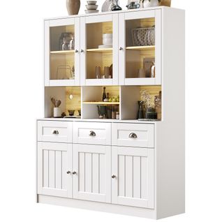 Haut Buffet De Cuisine 140x40x175 Cm, LED Multicolore, 3 Tiroirs, 6 Portes, 3 Niches, Mdf, Blanc