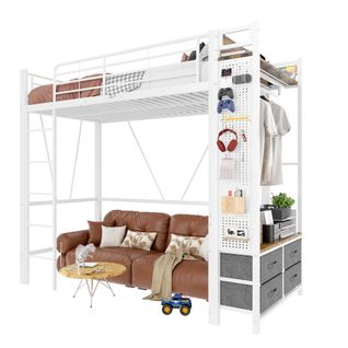 Lit Mezzanine 90x200 Cm Avec Éclairage LED, 4 Tiroirs, Étagère, Porte-manteau, USB-c, Métal Blanc