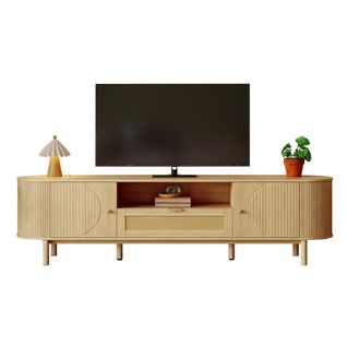 Meuble TV 175x36x51 Cm, Tiroir En Rotin, Gestion Câbles, Mdf, Piètement Métal, Couleur Bois