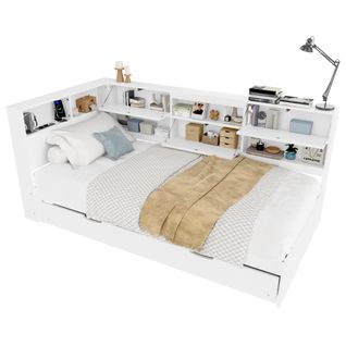 Lit Gigogne 90x200+90x190cm, Tête De Lit Avec Rangement En L, Prise USB, Bois, Mdf, Blanc