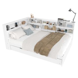 Lit Gigogne 140x200+90x190 Cm, Tête De Lit Avec Rangement En L Et Prise USB, Pin, Mdf, Couleur Blanc