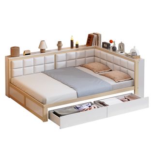 Lit Enfant 140x200 Cm, 2 Tiroirs De Rangement, Bois De Pin, Métal, Mdf, Couleur Blanc+bois