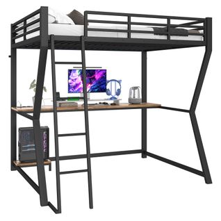 Lit Mezzanine 140x200 Cm Avec LED, Bureau Adapté à Un Ordinateur, Prise Électrique Et USB, Noir