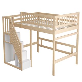 Lit Mezzanine140x200 Cm, Escalier Avec Rangements Intégrés, Bois, Couleur Naturelle