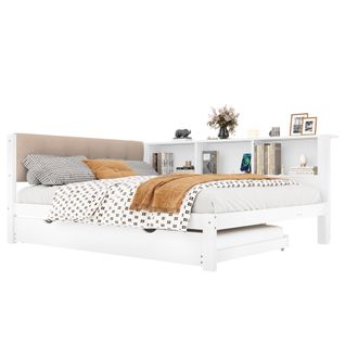 Lit Gigogne 140x200+90x190 Cm, LED Dimmable Et Prise USB, 3 Niches Latérales, Pin Et Mdf, Blanc