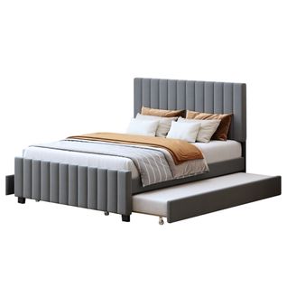 Lit Gigogne 140x190+90x190 Cm, 2 Tiroirs De Rangement, Mdf, Métal, Velours, Gris