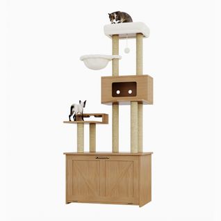 Arbre à Chat 80x50x173 Cm, Grande Plateforme, Hamac, Mdf, Peluche, Couleur Bois+blanc