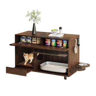 Meuble à Litière Chat 100x45,5x67 Cm, 1 Porte Acrylique Relevable, Mdf, Couleur Brun