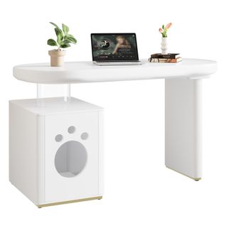 Bureau 117x50x76 Cm, 2 En 1, Compartiment Pour Animaux M à Xl, Plateau Laqué En Mdf, Blanc