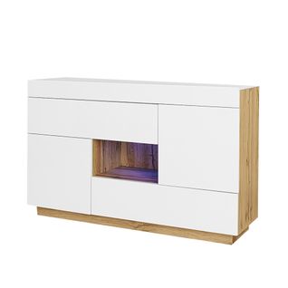 Buffet Bas 120x37x76.5 Cm, LED Multicolore Pilotable Et Musical, 2 Portes, 2 Tiroirs, Pb, Blanc+bois