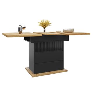Table Extensible 110/140x80x75 Cm, Double Rallonge Avec Rangement, 2 Tiroirs, Mdf, Noir+bois