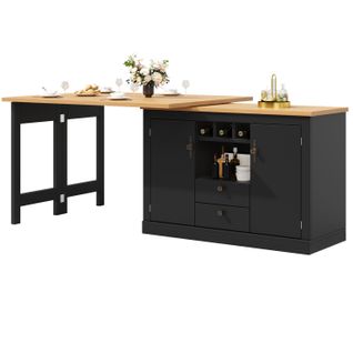 Table Bar Extensible 120-180 Cm, Rotation 360 Degrés, 2 Portes, 2 Tiroirs, Niche, Mdf, Noir+bois