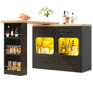 Table Extensible De Bar 135-203x39x92,8cm, Rotation 360°, Éclairage LED, 4 Tiroirs, Mdf, Noir