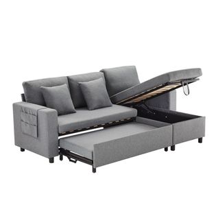 Canapé D'angle Convertible 219.5x75x83 Cm, Chaiselongue Réversible Avec Rangement, Lin, Gris Foncé