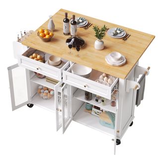 Îlot De Cuisine 140x44.5/72.5x90cm, 2 Tiroir, 4 Portes, Étagère Latérale, Roulettes, Mdf, Blanc+bois