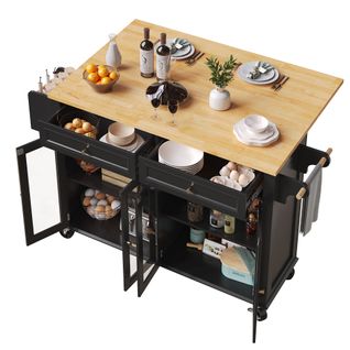 Îlot De Cuisine 140x72,5x90 Cm, 2 Tiroirs, 4 Portes, Étagère, Roulettes Et Frein, Mdf, Noir+bois