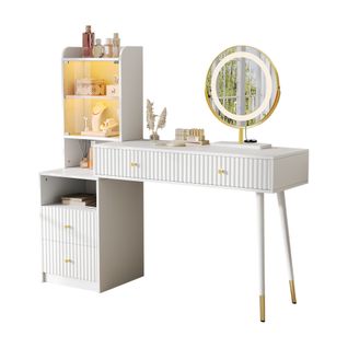 Coiffeuse 100x40x125 Cm, Miroir à LED, 4 Tiroirs, 4 Niches, Porte, Panneaux De Particules, Blanc