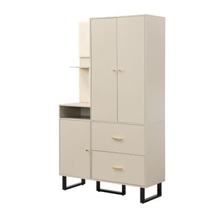 Armoire Haut 110x38x186 Cm, Panneaux En Tissu, 2 Tiroirs Et Étagères, 3 Portes, Mdf, Beige+noir