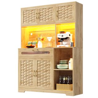 Buffet Haut De Cuisine 120x40x180cm, LED, 5 Portes, Tiroir, 4 Niches, Mdf, Métal, Naturel