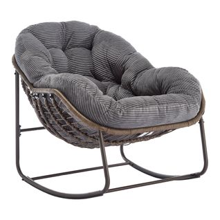 Fauteuil à Bascule En Rotin 111x94.5x80 Cm, Grand Modèle Avec Coussin, Cadre En Acier, Couleur Gris