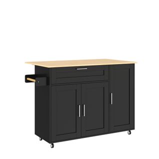 Îlot De Cuisine 132.5x44(70.5)x90 Cm, Plateau Rabattable, Rangements Modulables, Mdf, Noir+bois