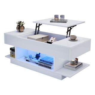 Table Basse Relevable 98x45x40 Cm, Plateau 54,5 Cm, LED, Rangements, Panneaux De Particules, Blanc