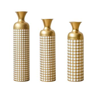 Lot De 3 Vases De Sol 83.01/65.99/50.01 Cm, Pois Blancs, Métal, Bronze Antique, Blanc, Style Vintage
